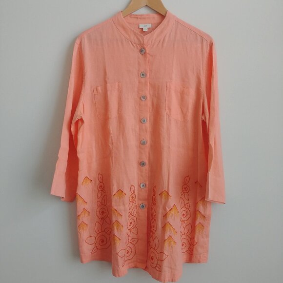 J. Jill Tops - J Jill 100% linen soft orange cantaloupe embroidered tunic top button down Large